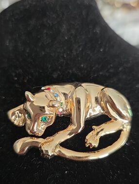 Vintage Gold Cat Brooch with Green Eyes and Multicolor Accents
